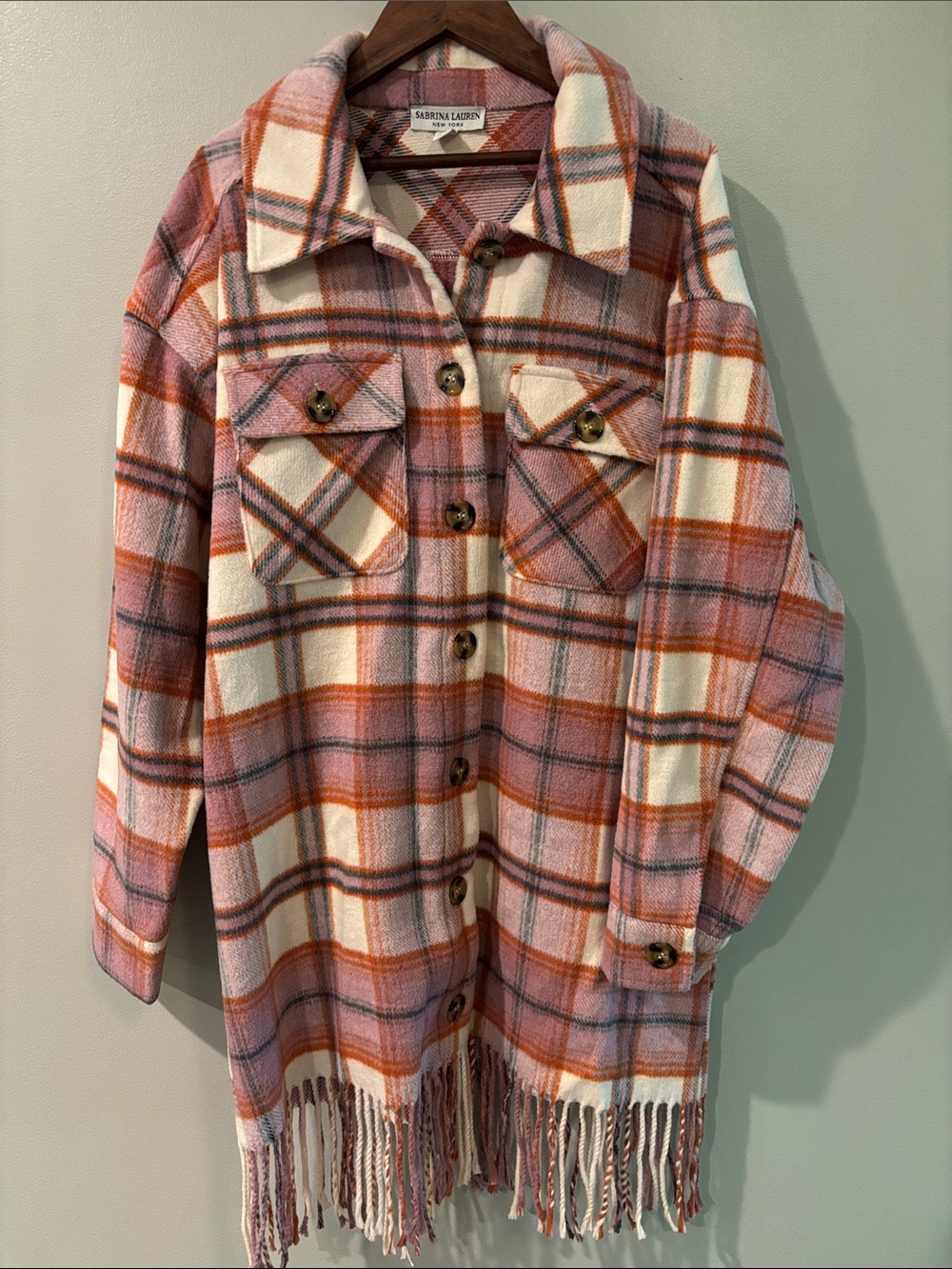 Sabrina Lauren Peach Plaid Fringe Button-Up